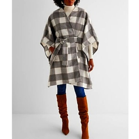 Express faux Wool Plaid Belted Cape Coat M/L - Picture 1 of 4
